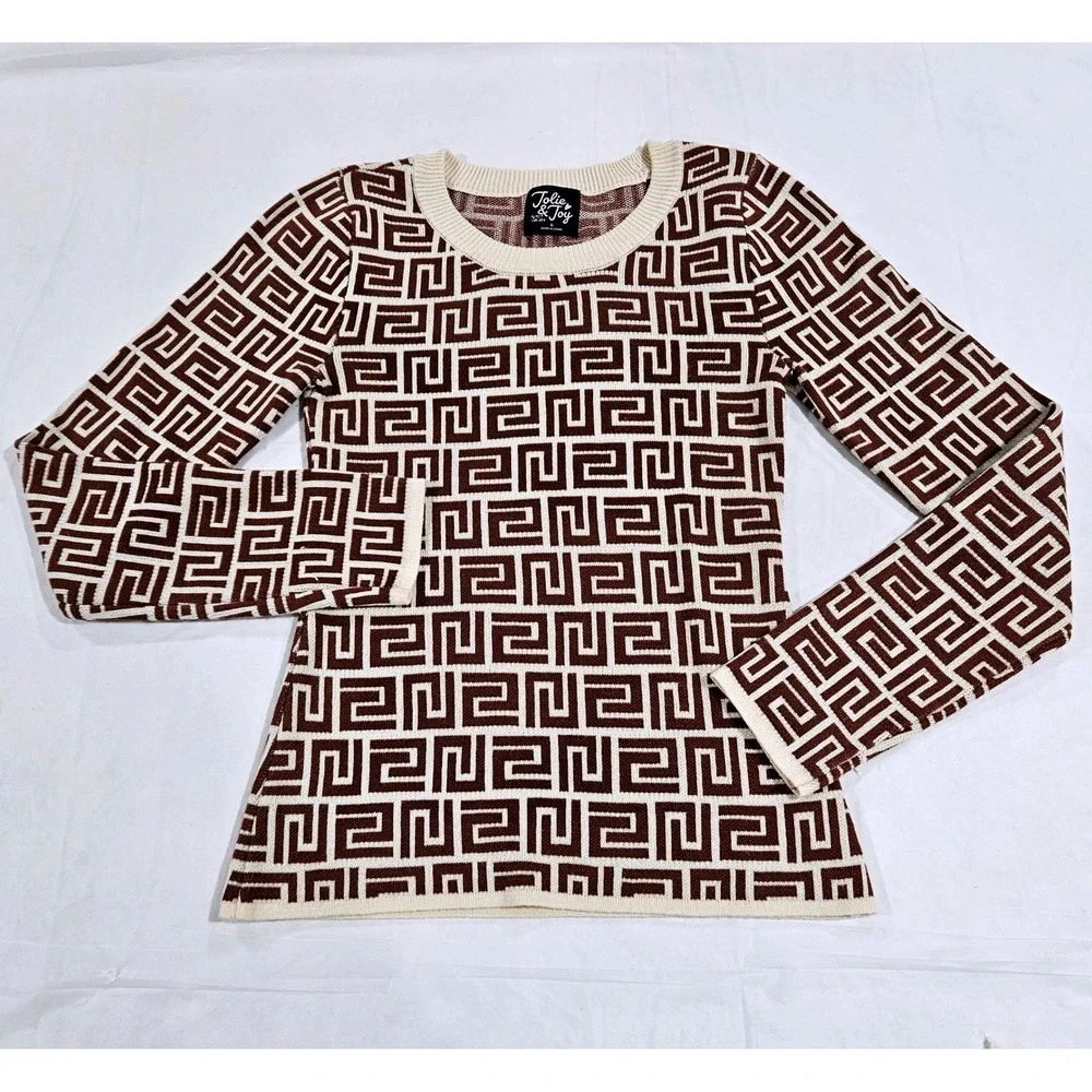 Jolie & Joy Womens Brown Cream Greek Key Geometric Knit Top J4M2575S Small